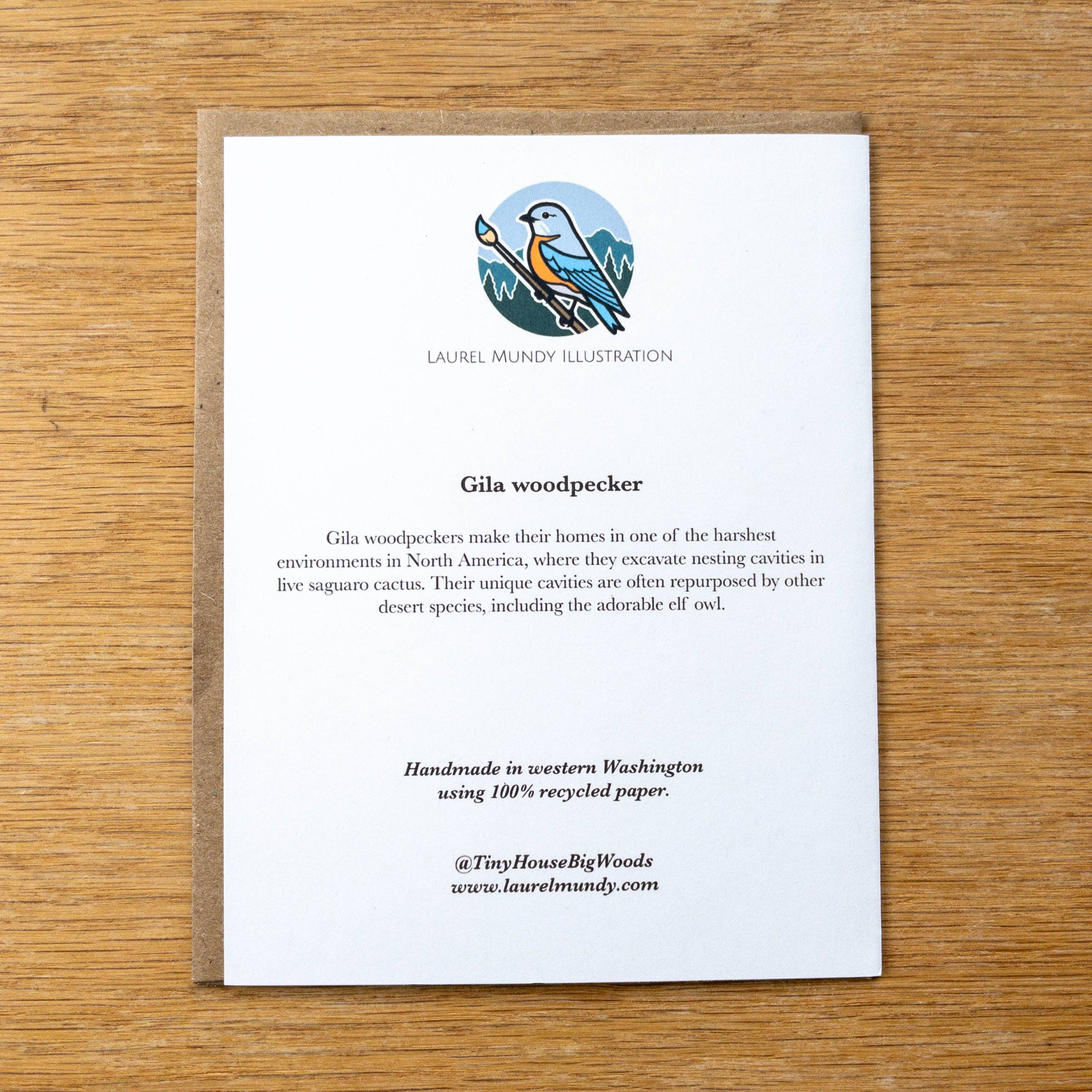 Gila Woodpecker Greeting Card 100% Recycled Paper: Packaging free