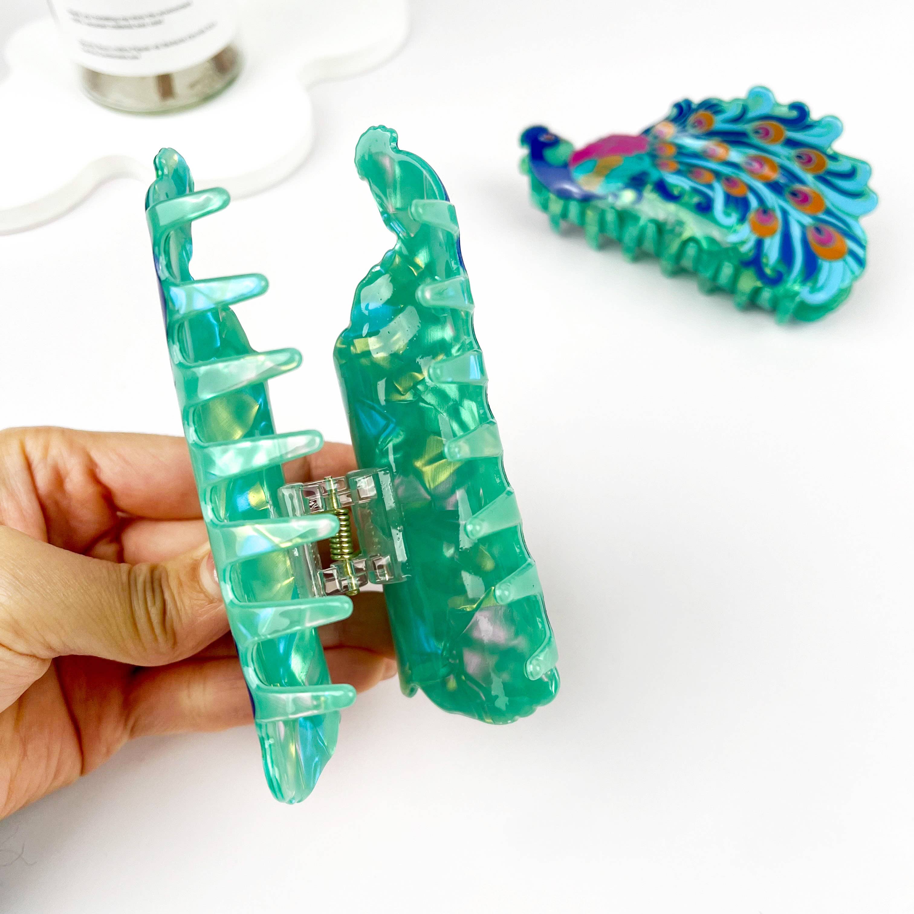 Peacock Print Acrylic Animal Hair Claw Clip: Blue
