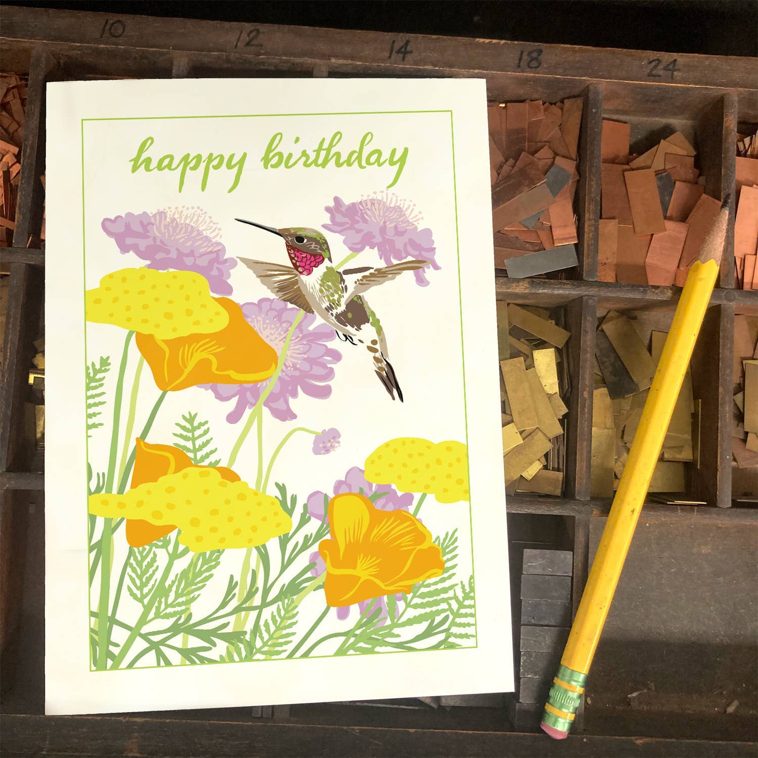Humminbird & Garden Flowers - Birthday Greeting Card