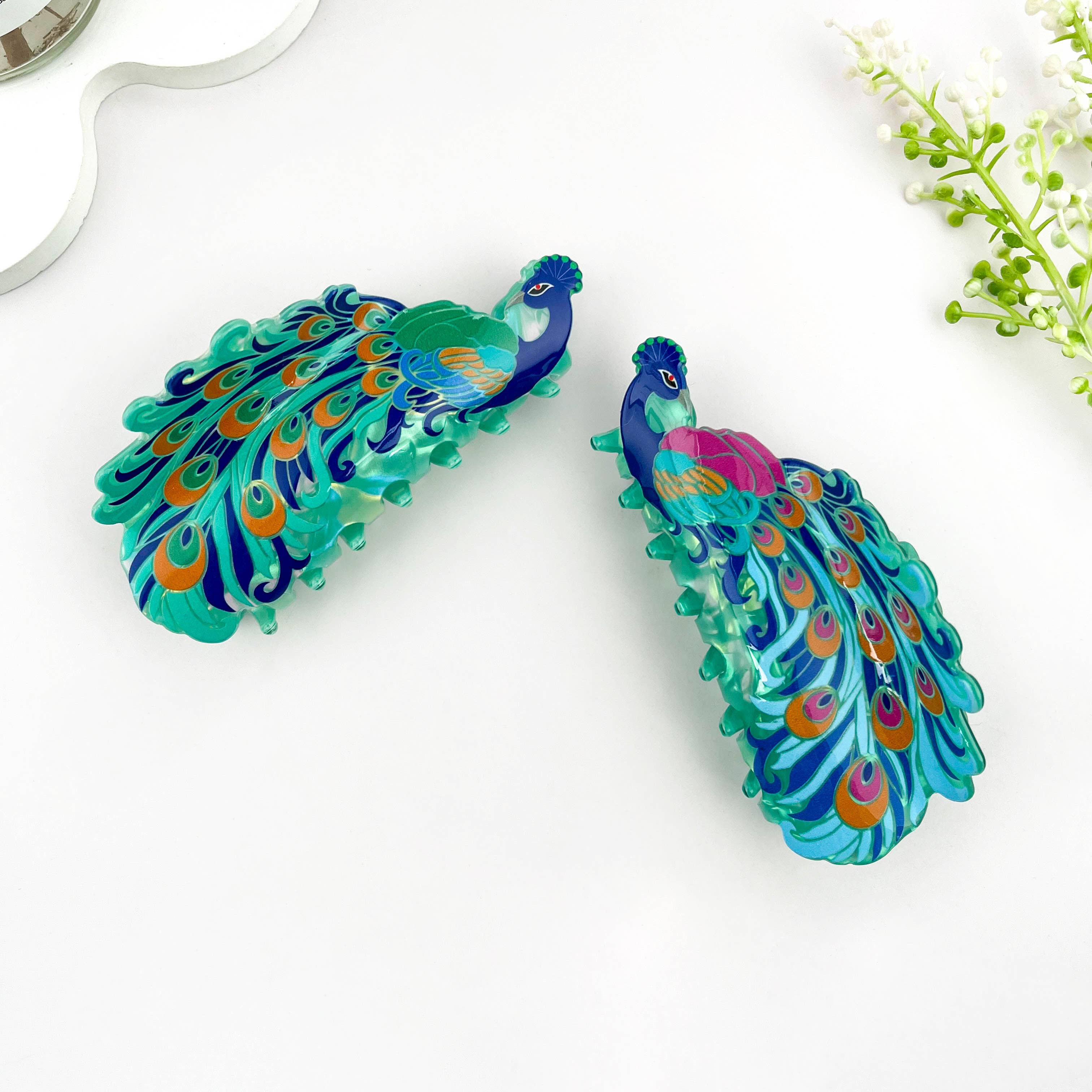 Peacock Print Acrylic Animal Hair Claw Clip: Blue