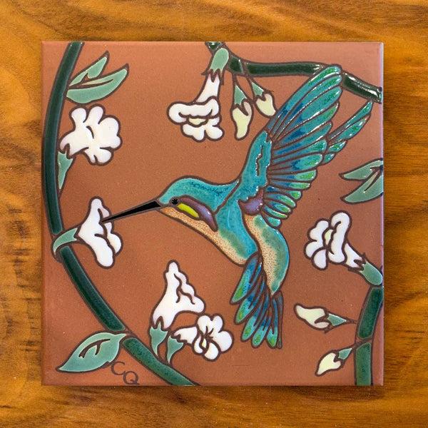 Hummingbird with White Flowers Tile Art Trivet: Terra Cotta