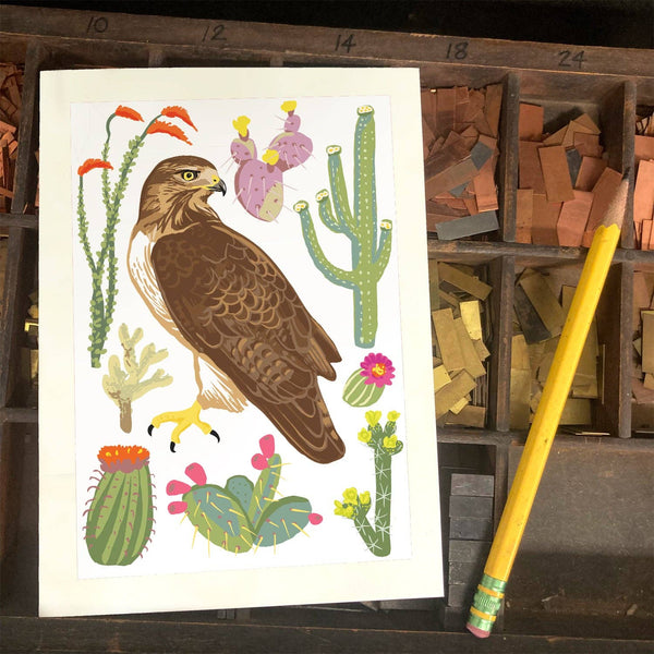 Red-Tailed Hawk and Cacti Everyday Greeting Card