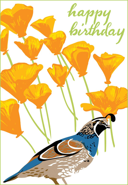 Quail & California Poppies - Birthday Greeting Card