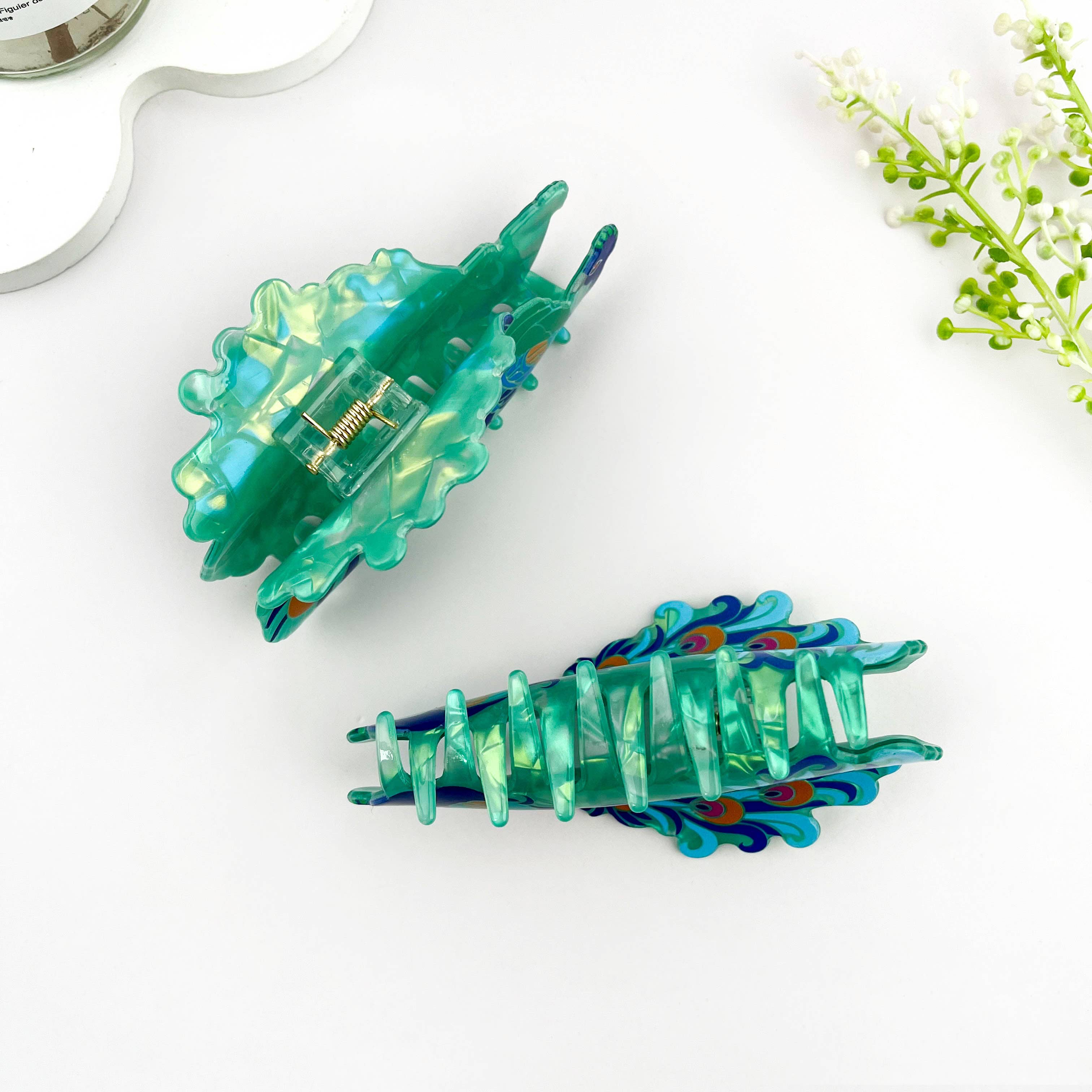 Peacock Print Acrylic Animal Hair Claw Clip: Blue