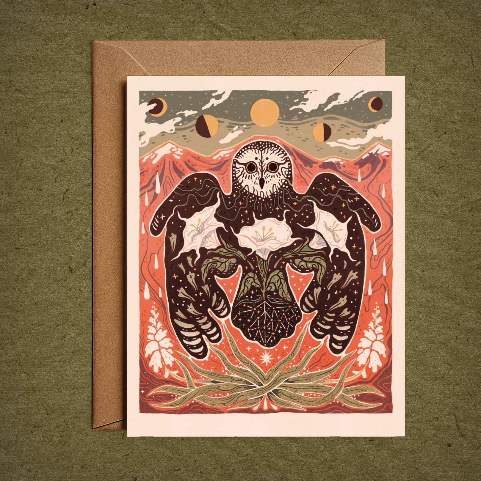 Moonflower Owl– Blank Greeting Card Nature Illustration