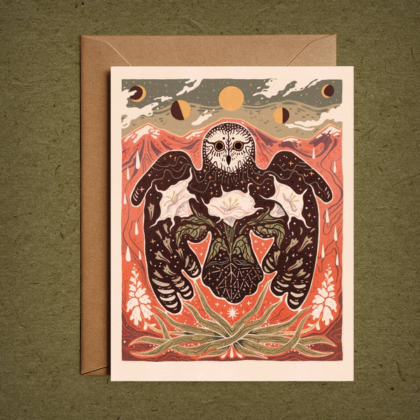Moonflower Owl– Blank Greeting Card Nature Illustration