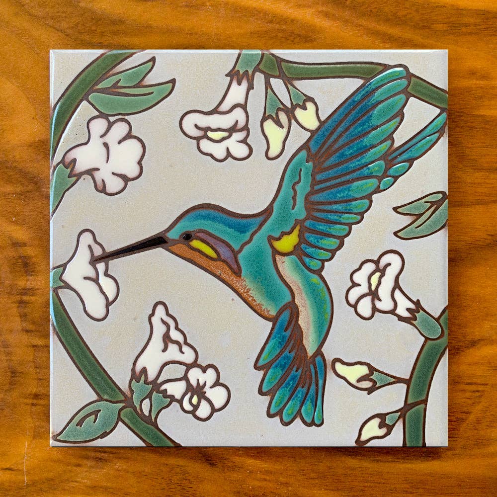 Hummingbird with White Flowers Tile Art Trivet: Terra Cotta