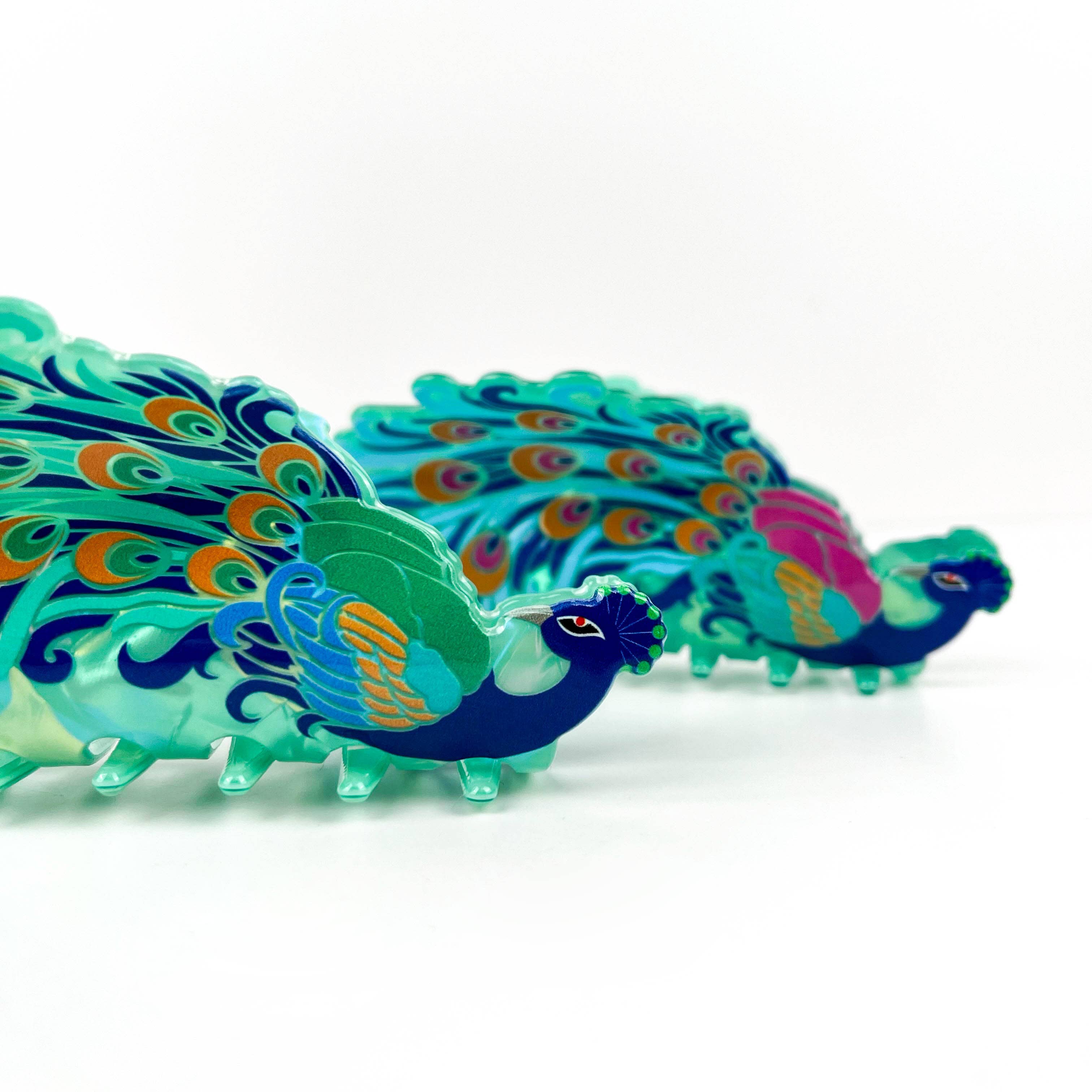 Peacock Print Acrylic Animal Hair Claw Clip: Blue