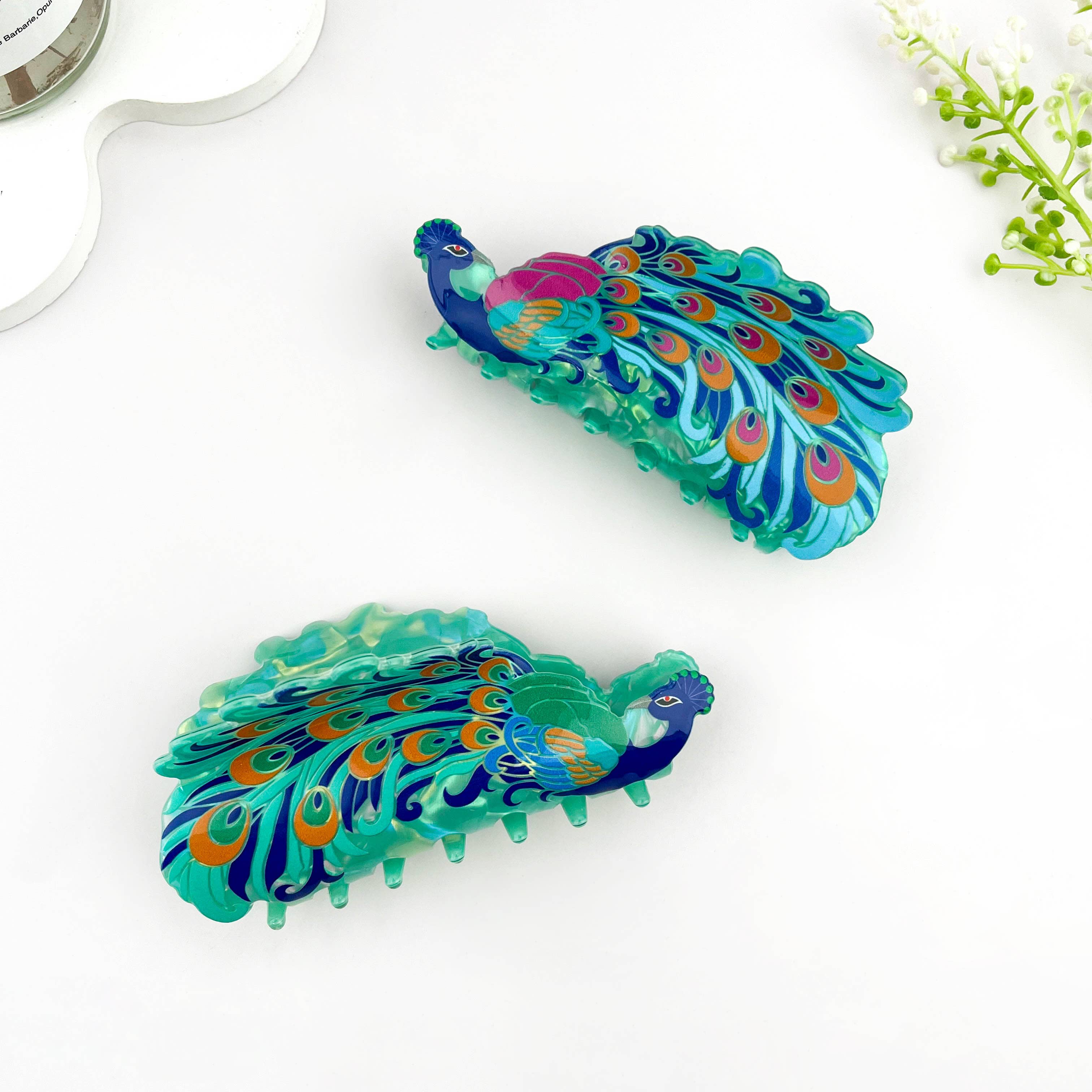 Peacock Print Acrylic Animal Hair Claw Clip: Blue