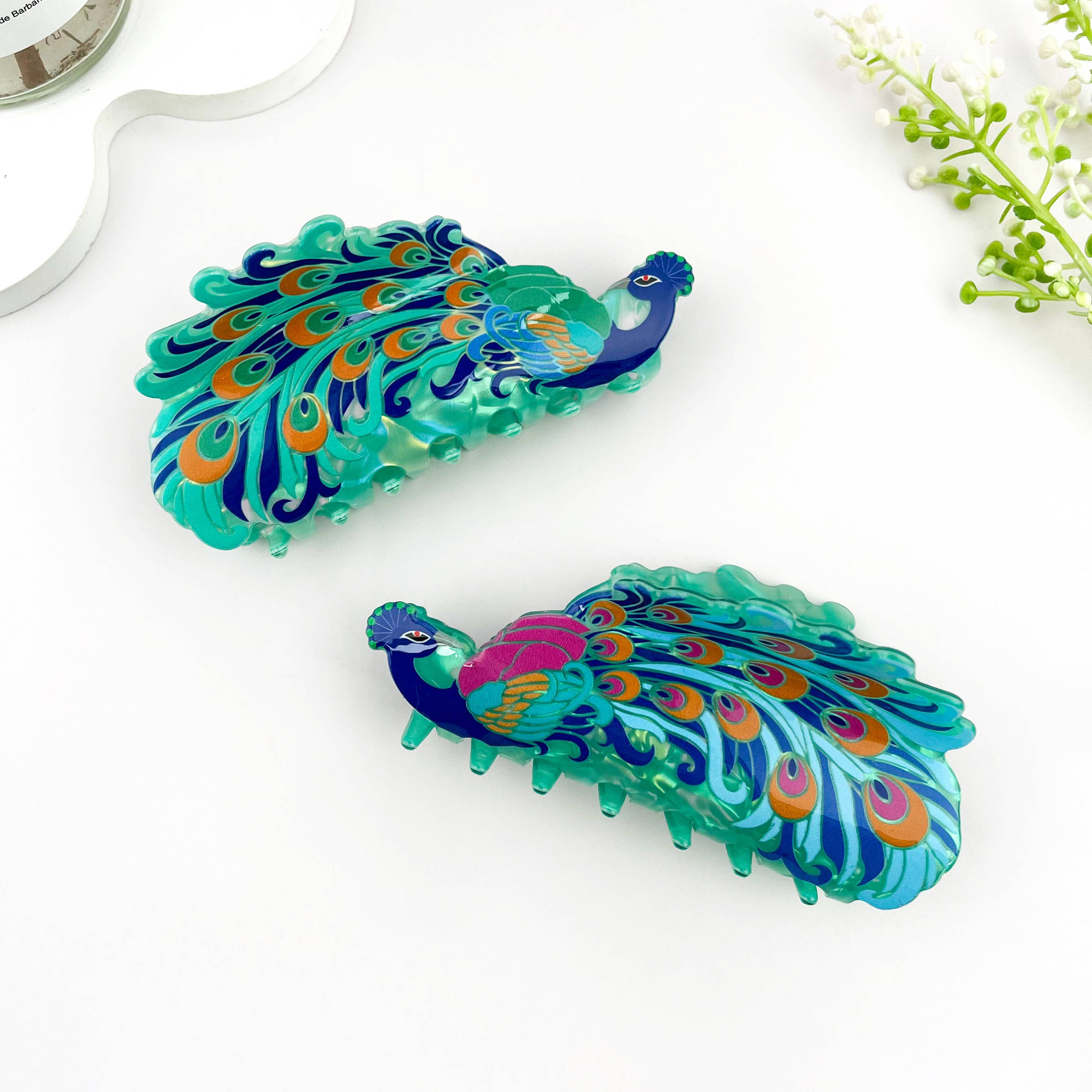 Peacock Print Acrylic Animal Hair Claw Clip: Blue