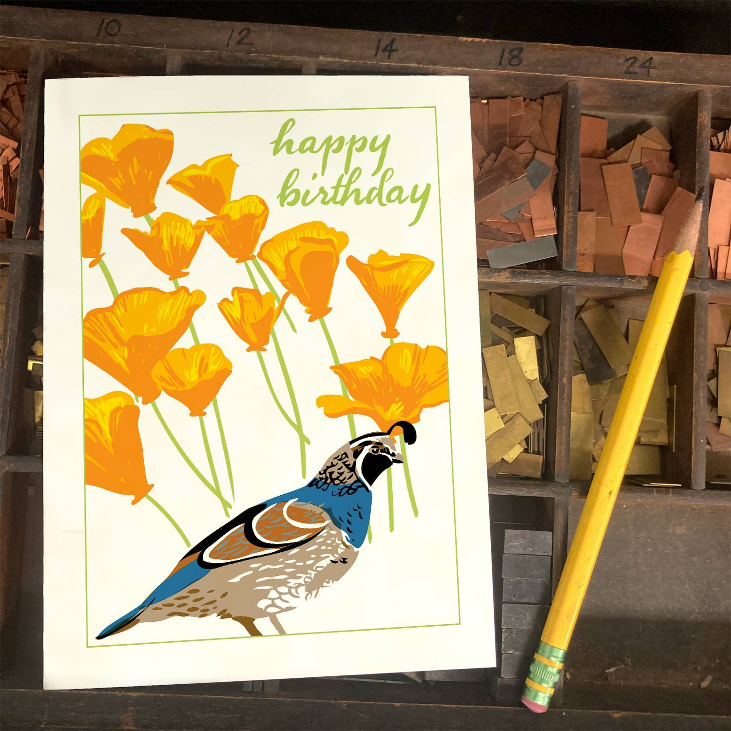 Quail & California Poppies - Birthday Greeting Card