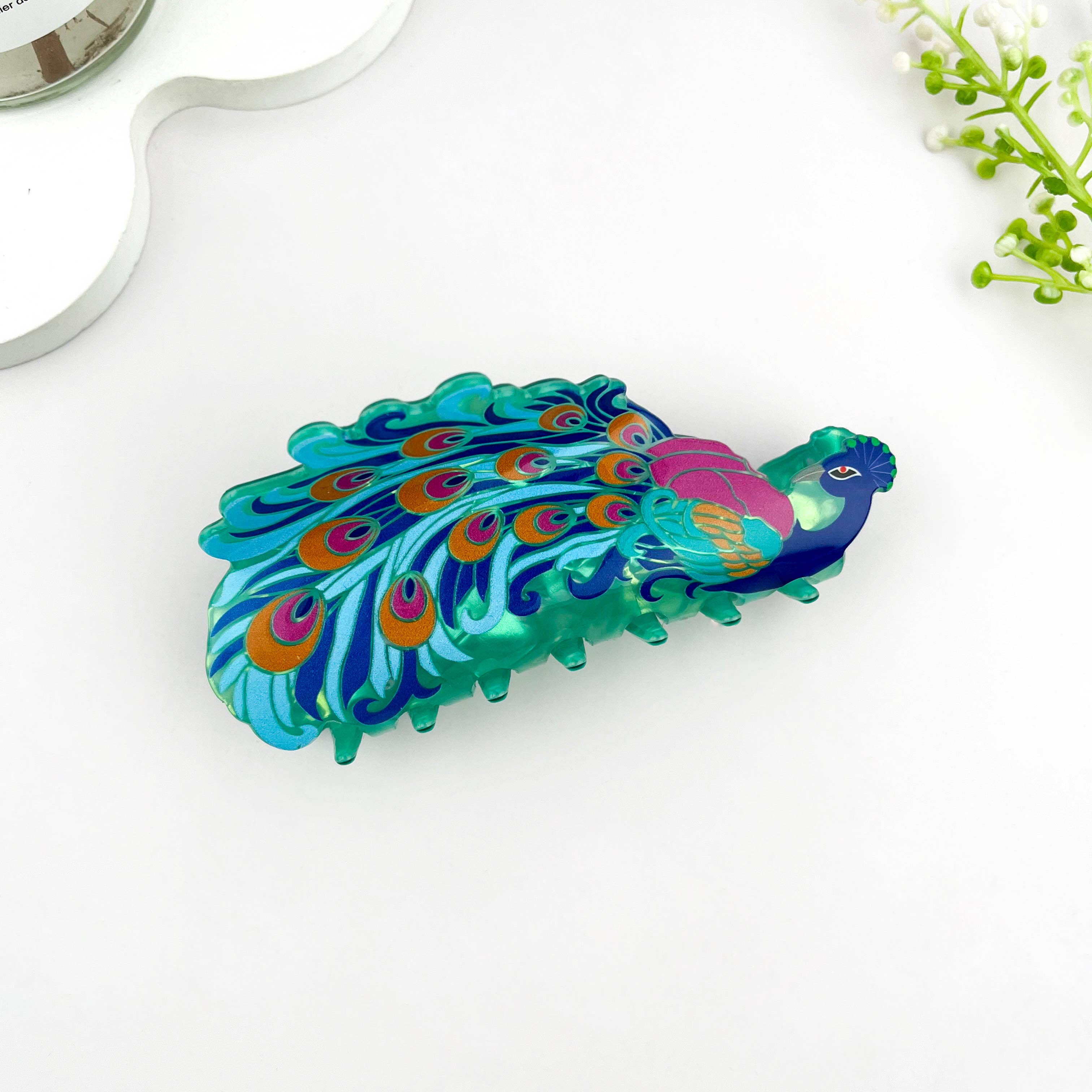 Peacock Print Acrylic Animal Hair Claw Clip: Blue